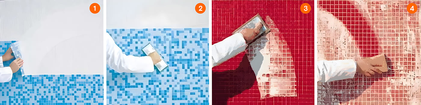 как клеять мозаику для бассейна на сетке